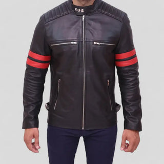 Men's Black Cafe Racer Lambskin Leather Jacket with Red Stripes