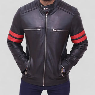 Black Cafe Racer Jacket – Men’s Lambskin with Red Stripes